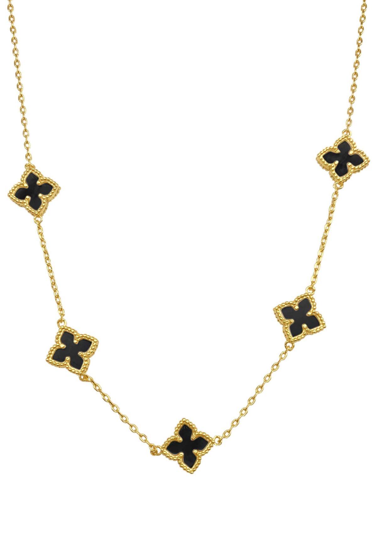 14k Gold Plated Black Floral Station Necklace