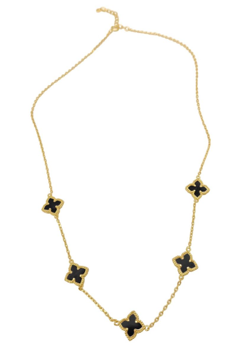 14k Gold Plated Black Floral Station Necklace