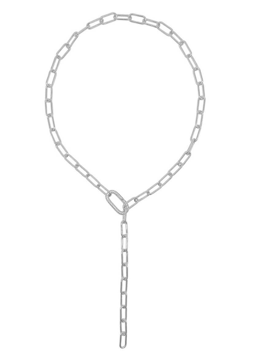 Silver Plated Paper Clip Chain Lariat Necklace with Crystal Adjustable Lock