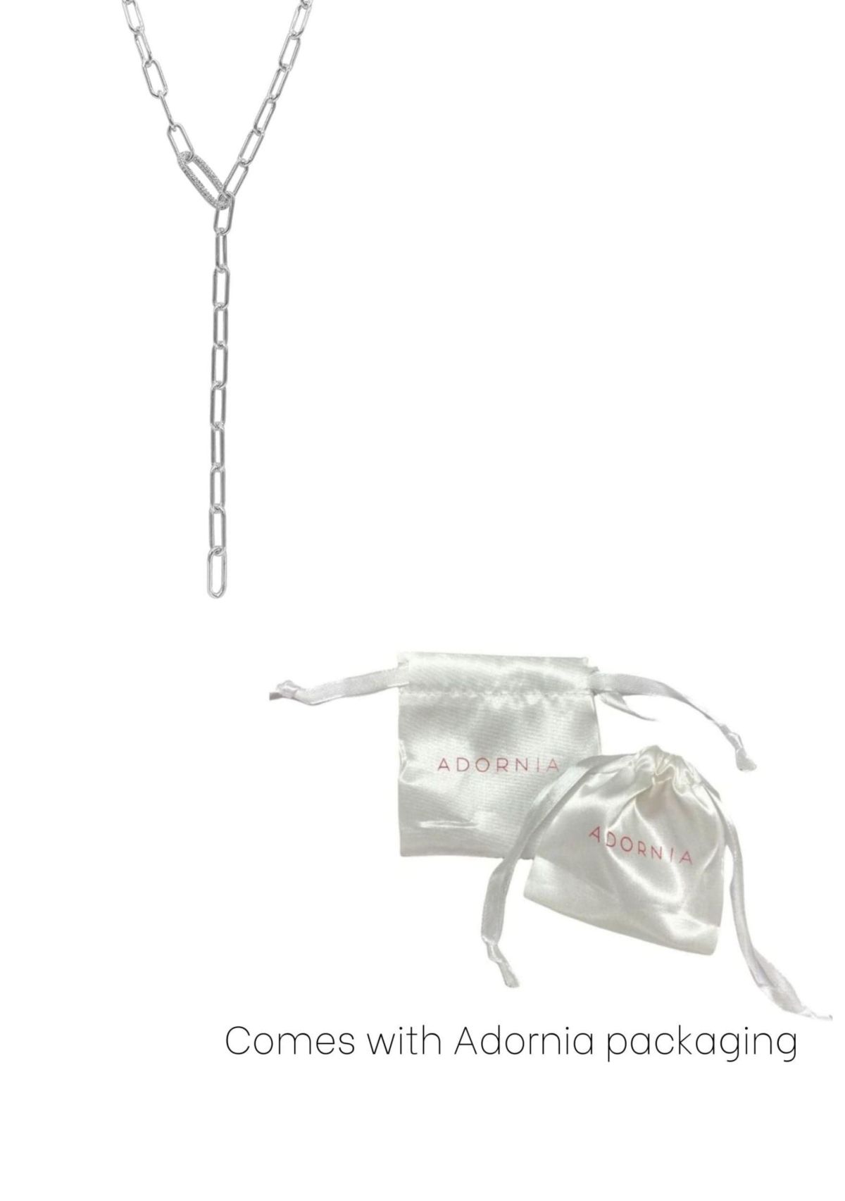 Silver Plated Paper Clip Chain Lariat Necklace with Crystal Adjustable Lock