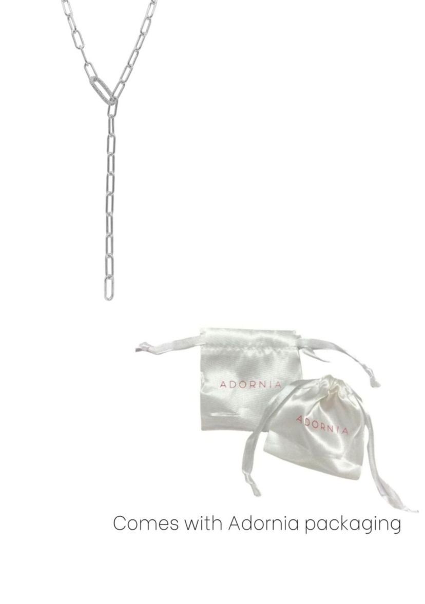 Silver Plated Paper Clip Chain Lariat Necklace with Crystal Adjustable Lock