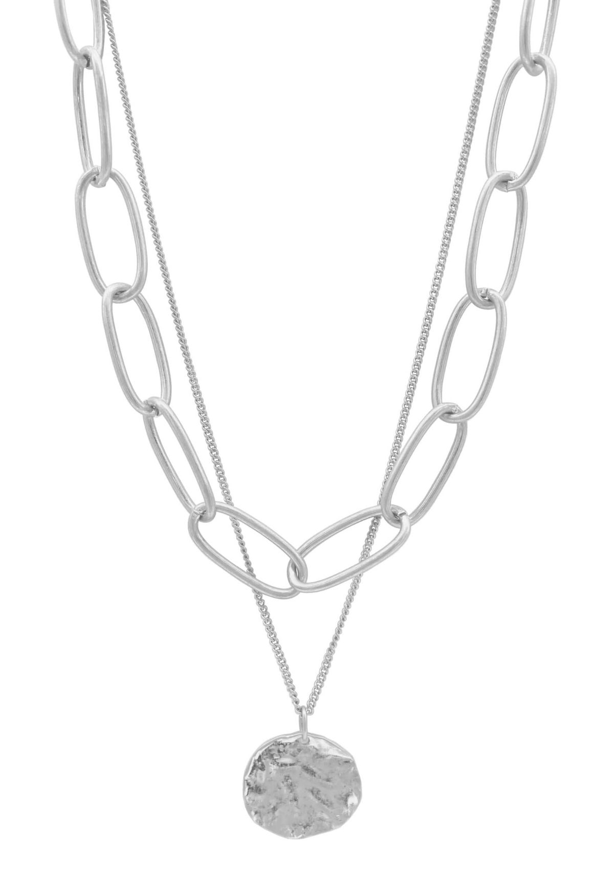 Silver Plated Oval Link Chain and Coin Pendant Layered Necklace
