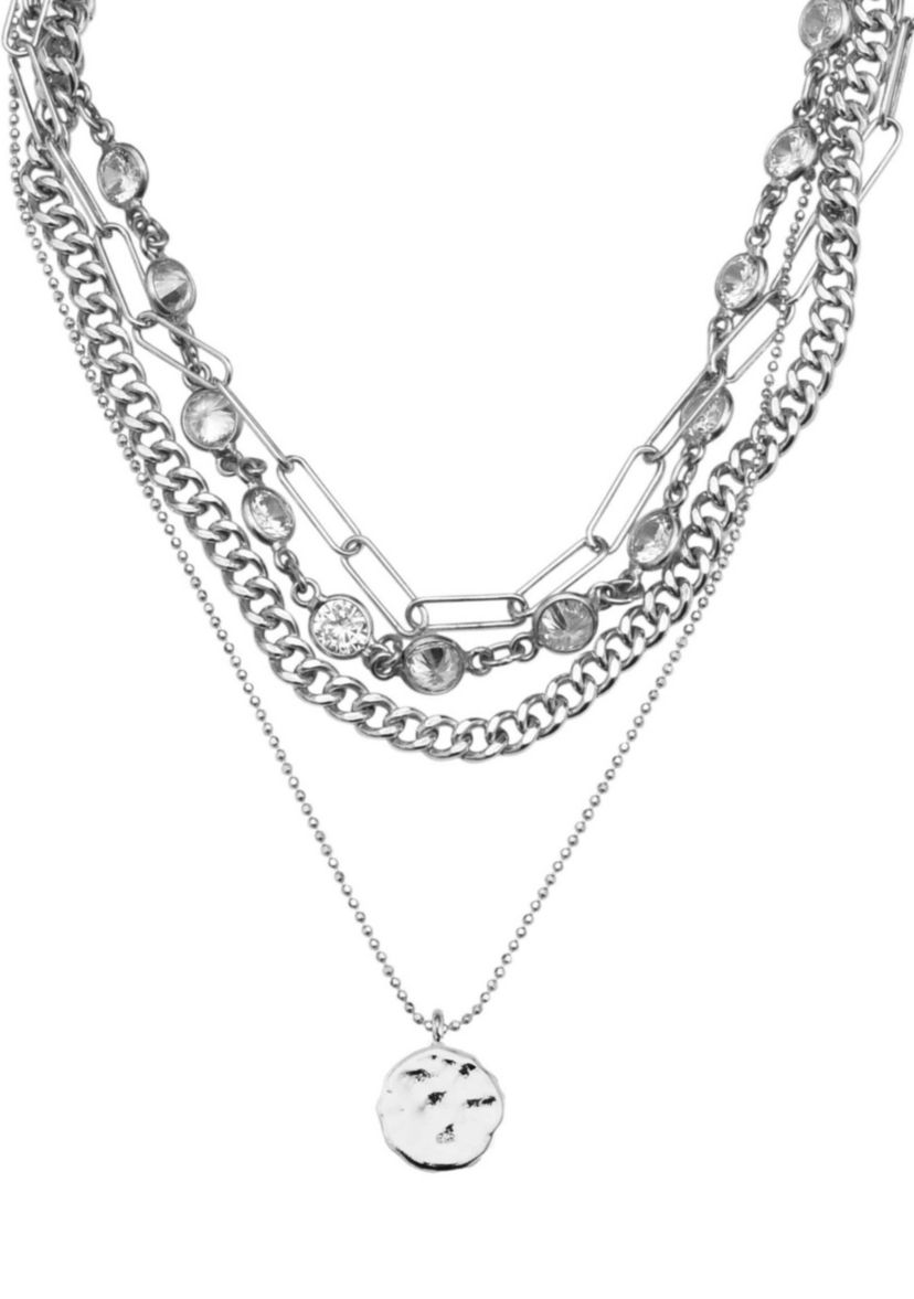 Silver Plated Messy Layered Necklace with Pebbled Charm