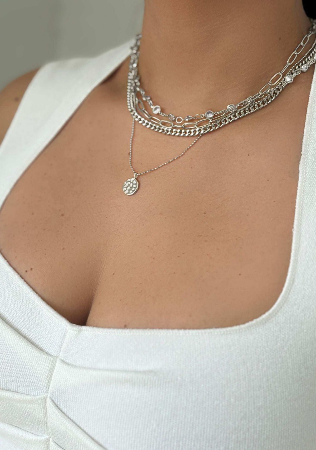 Silver Plated Messy Layered Necklace with Pebbled Charm