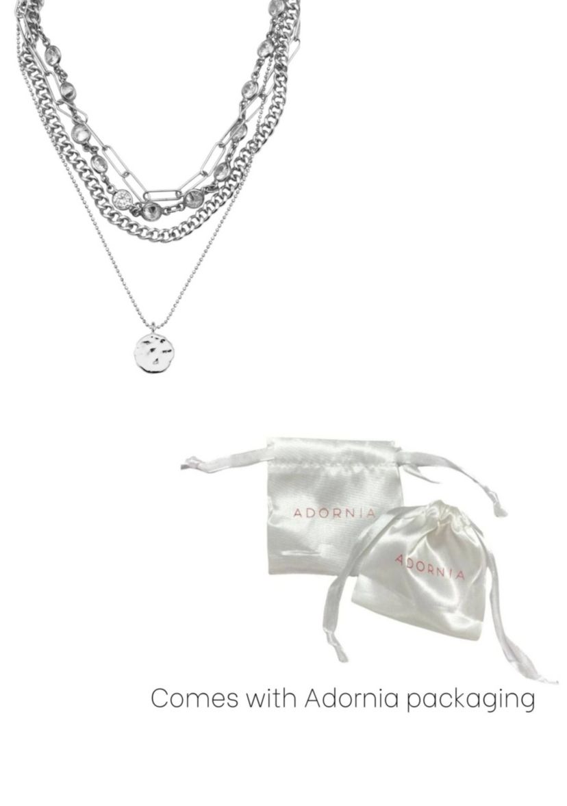Silver Plated Messy Layered Necklace with Pebbled Charm
