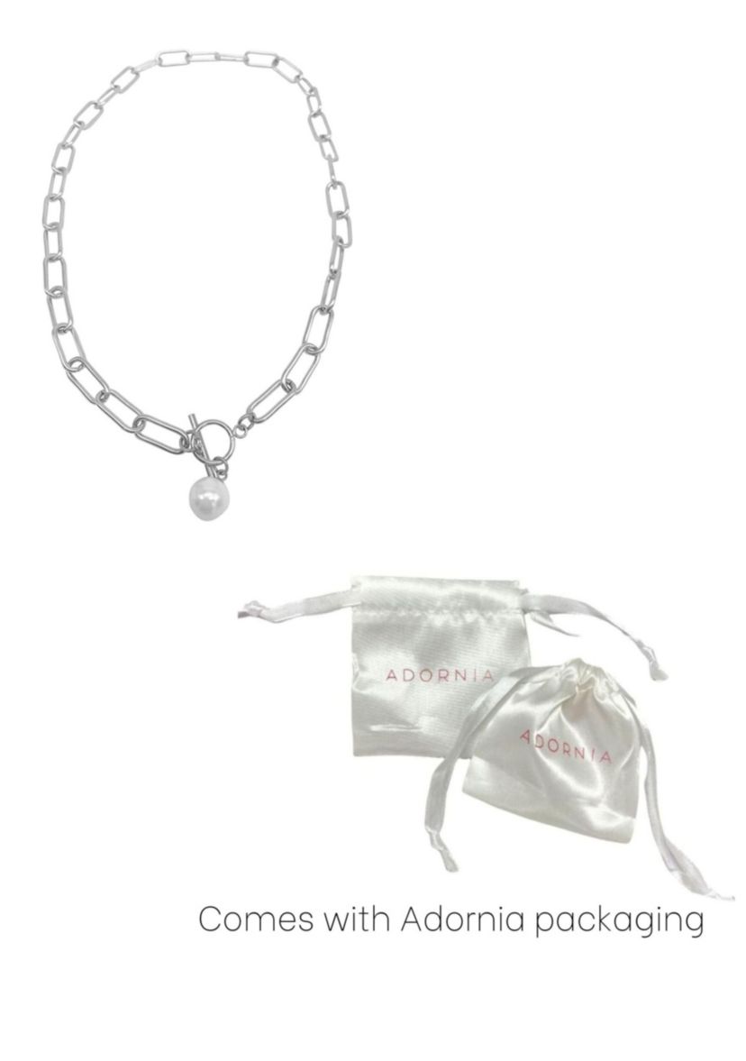Tarnish Resistant Silver Plated Paper Clip Toggle Necklace with Pearl