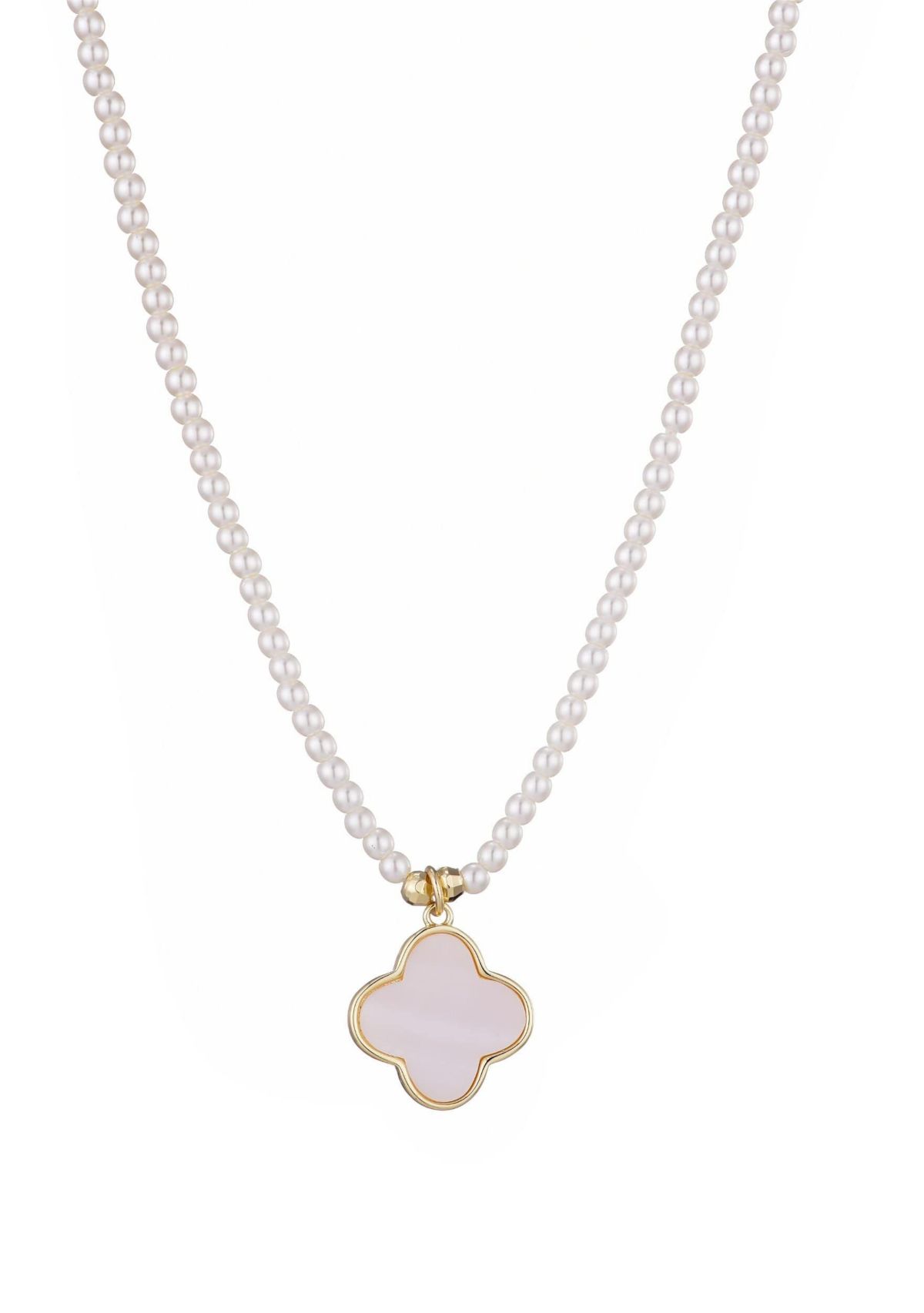 14k Gold Plated Pearl Strand Clover Pendant Necklace