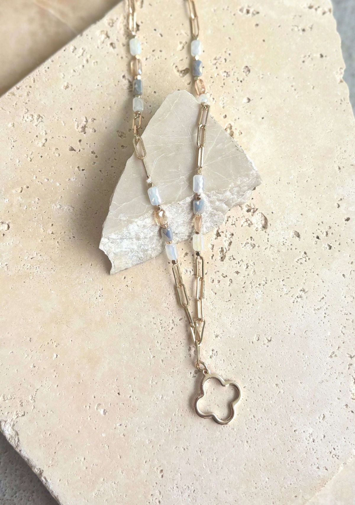 Mixed Bead and Chain Clover Outline Pendant Necklace