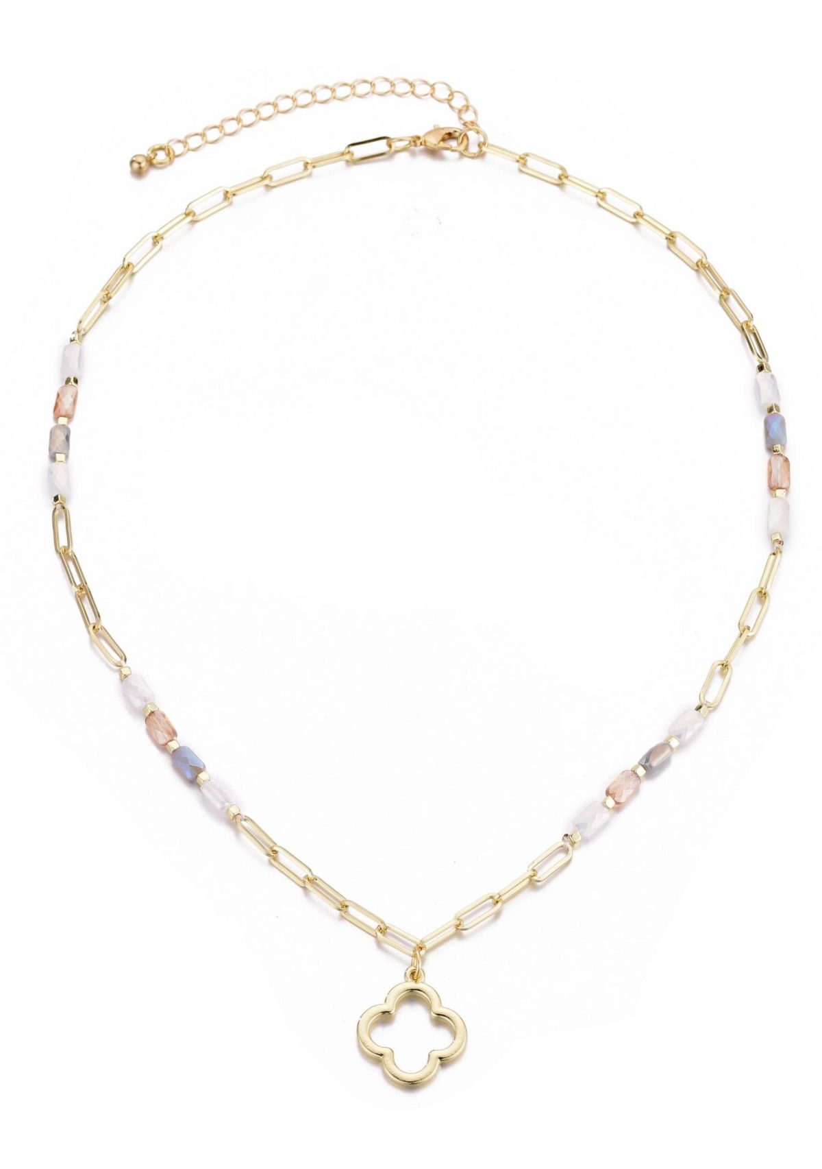 Mixed Bead and Chain Clover Outline Pendant Necklace