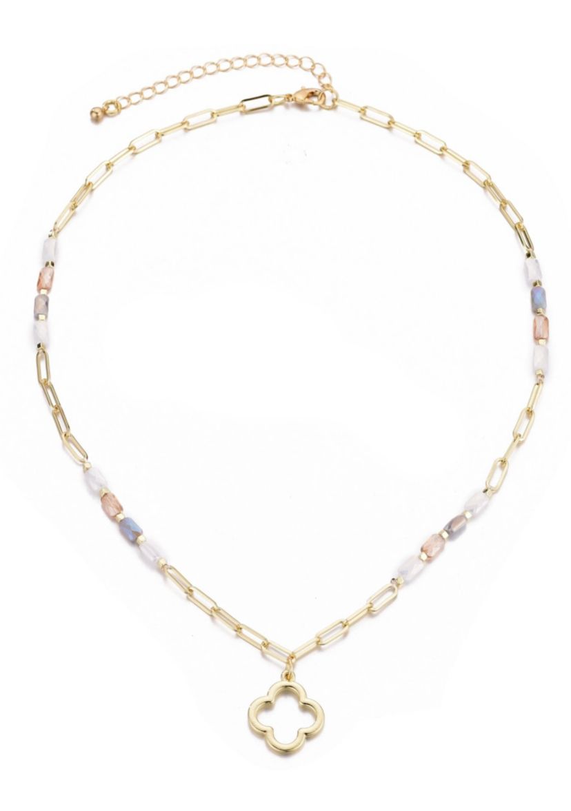 Mixed Bead and Chain Clover Outline Pendant Necklace