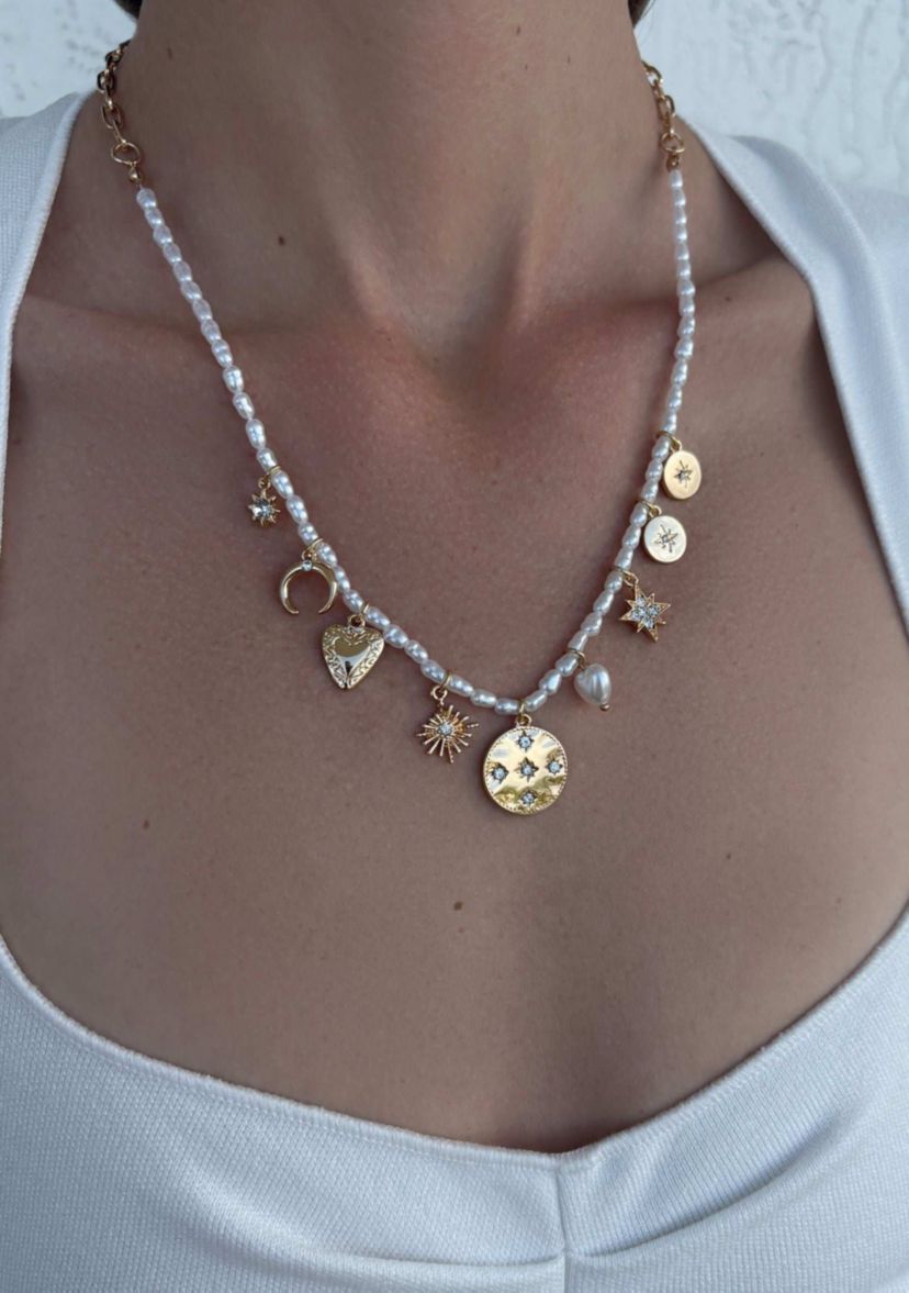 14k Gold Plated Vintage Charm Pearl Strand Necklace