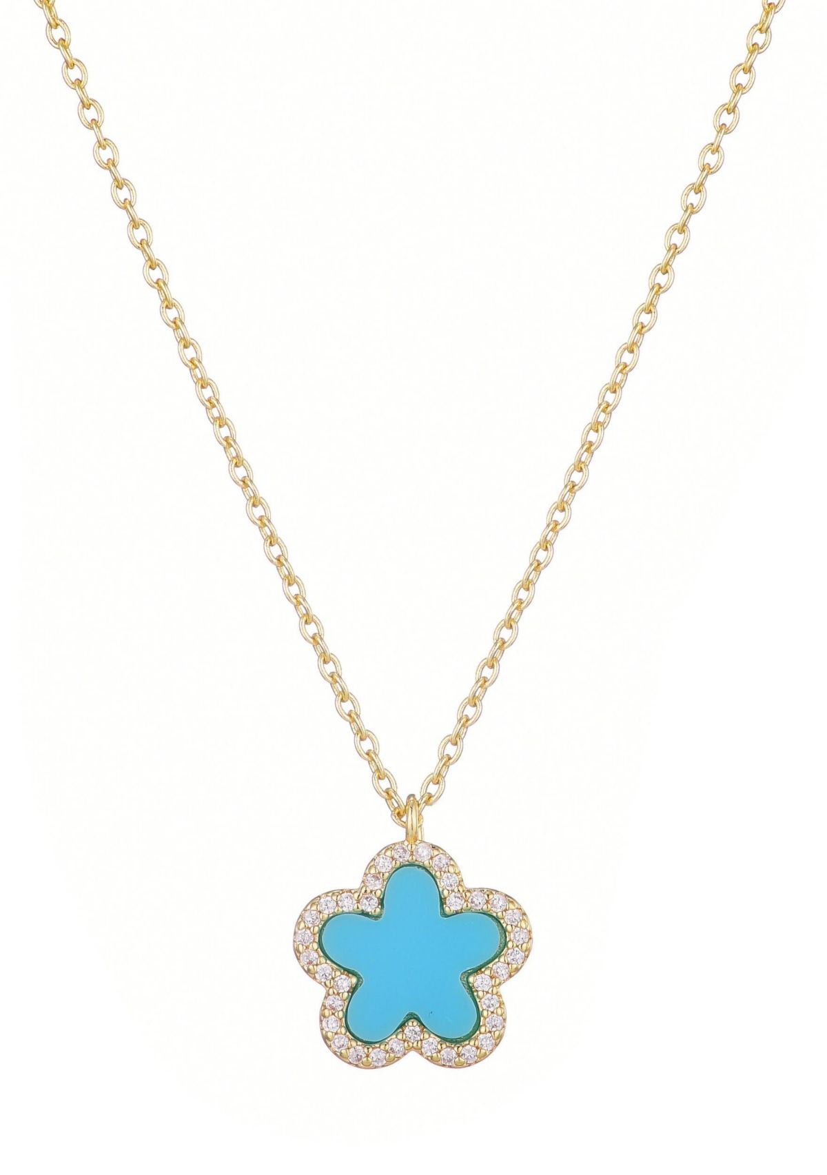 14k Gold Plated Turquoise CZ Halo 5-Leaf Clover Necklace