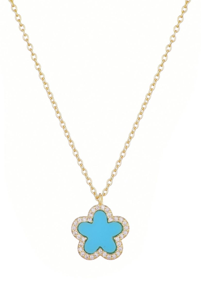 14k Gold Plated Turquoise CZ Halo 5-Leaf Clover Necklace