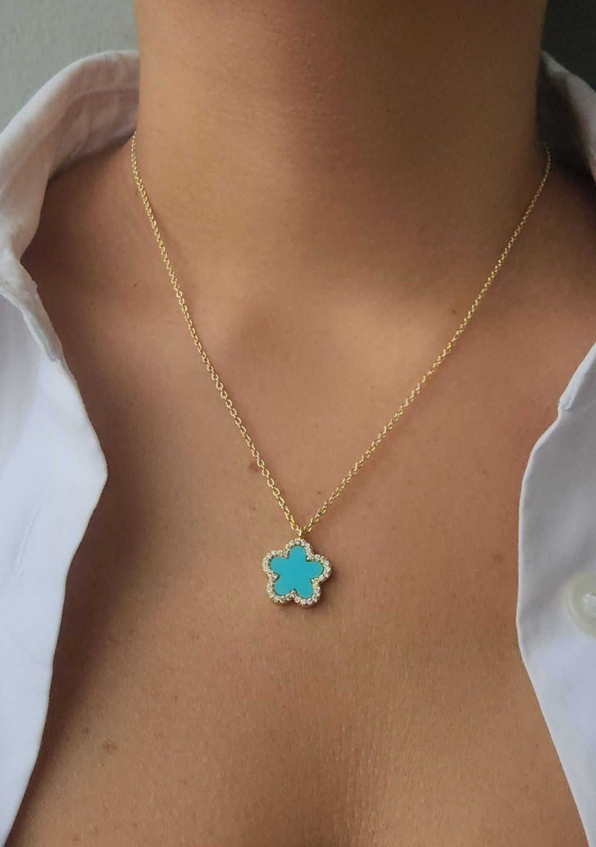 14k Gold Plated Turquoise CZ Halo 5-Leaf Clover Necklace
