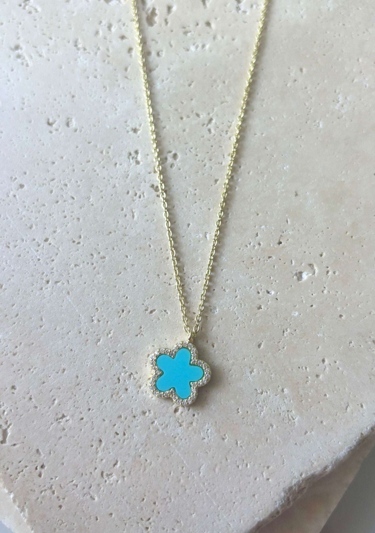 14k Gold Plated Turquoise CZ Halo 5-Leaf Clover Necklace
