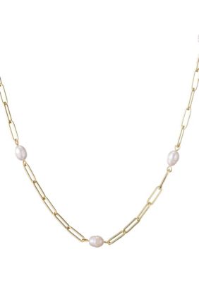 Adornia 14k Gold Plated Freshwater Pearl Station Paper Clip Chain Necklace