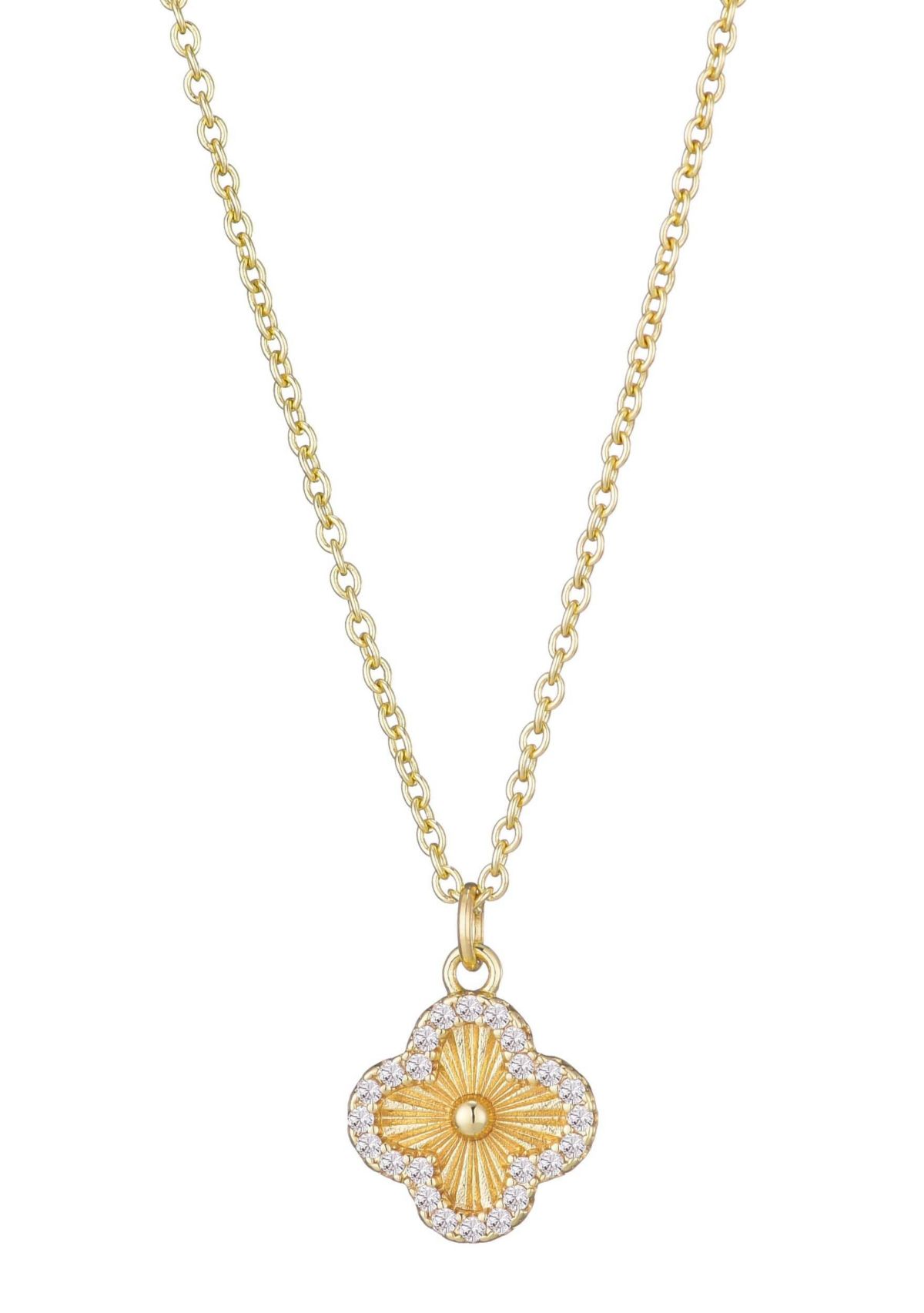14k Gold Plated Button Clover CZ Halo Necklace