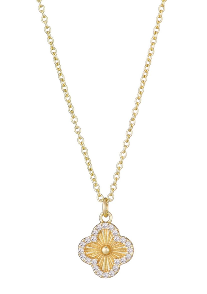 14k Gold Plated Button Clover CZ Halo Necklace