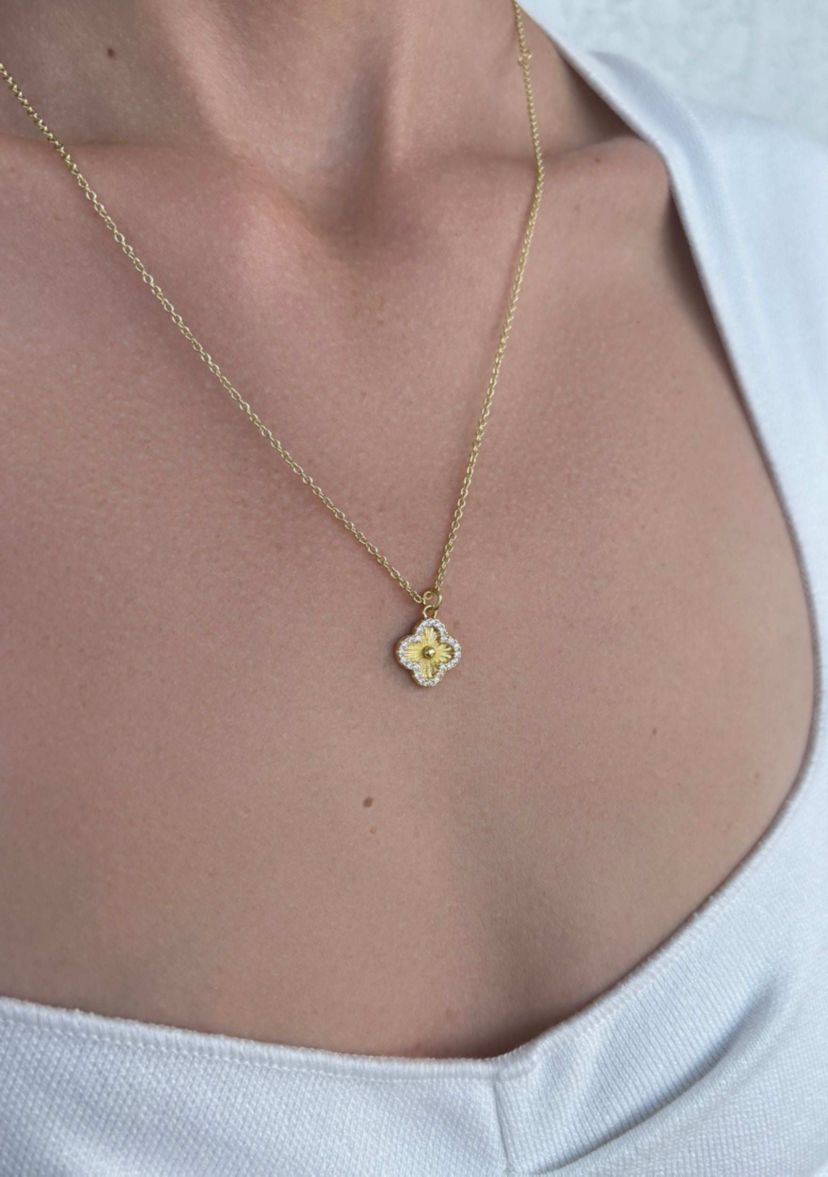 14k Gold Plated Button Clover CZ Halo Necklace