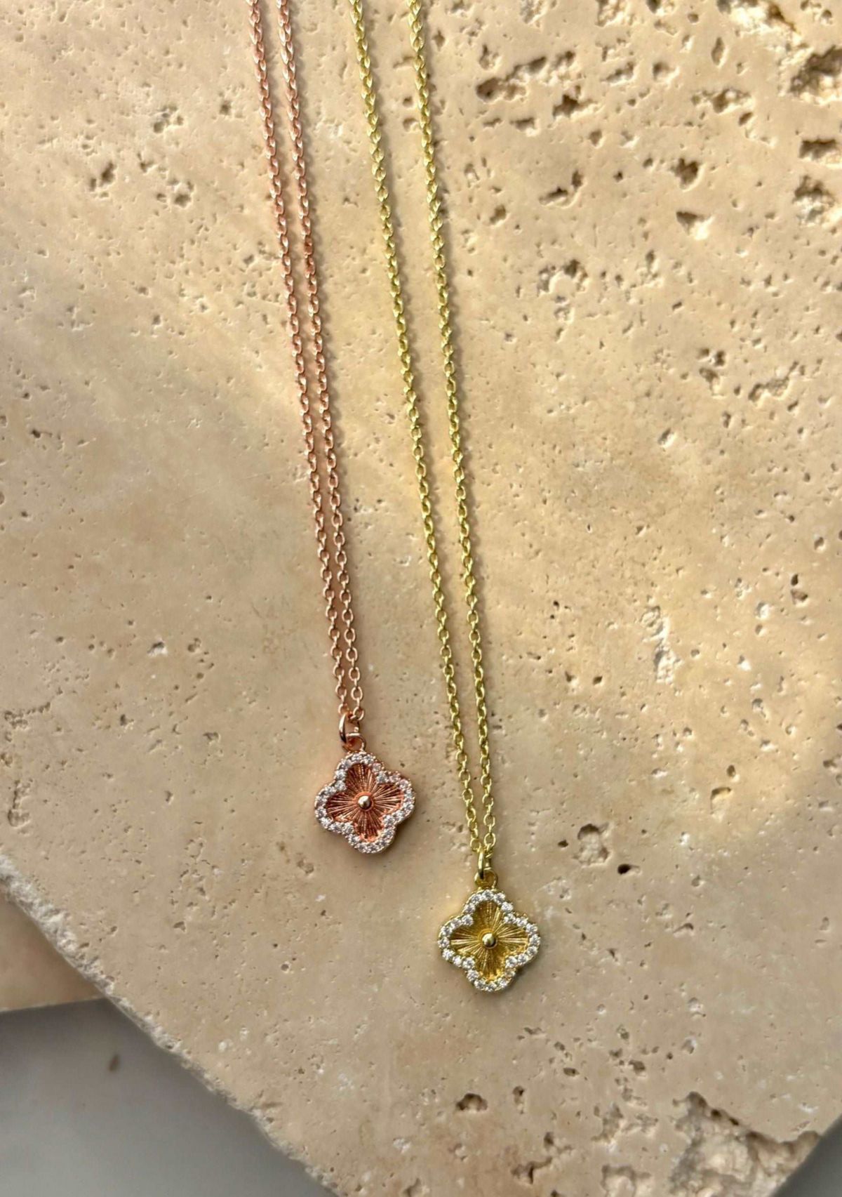 14k Gold Plated Button Clover CZ Halo Necklace