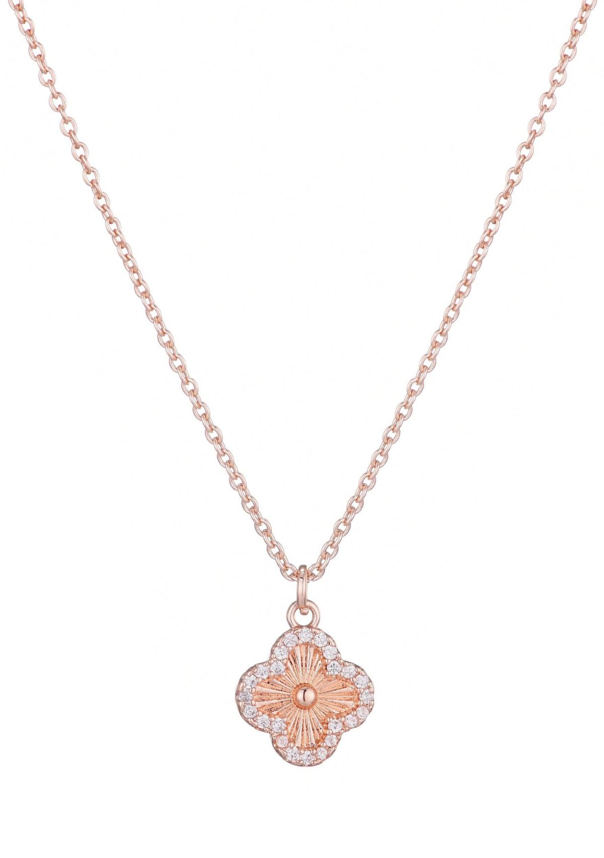 14k Rose Gold Plated Button Clover CZ Halo Necklace