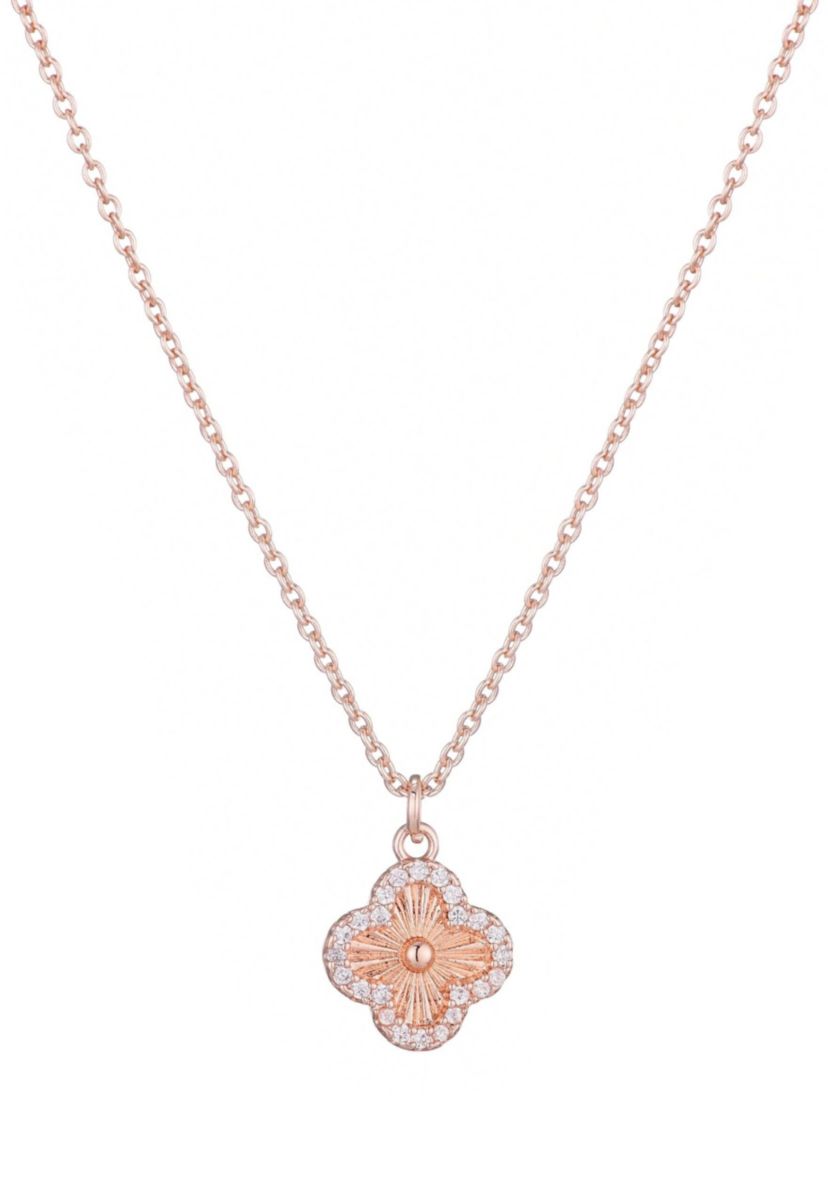 14k Rose Gold Plated Button Clover CZ Halo Necklace