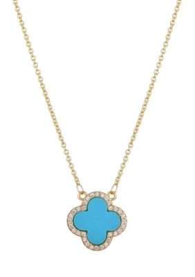 Adornia 14k Gold Plated Turquoise CZ Halo Clover Necklace
