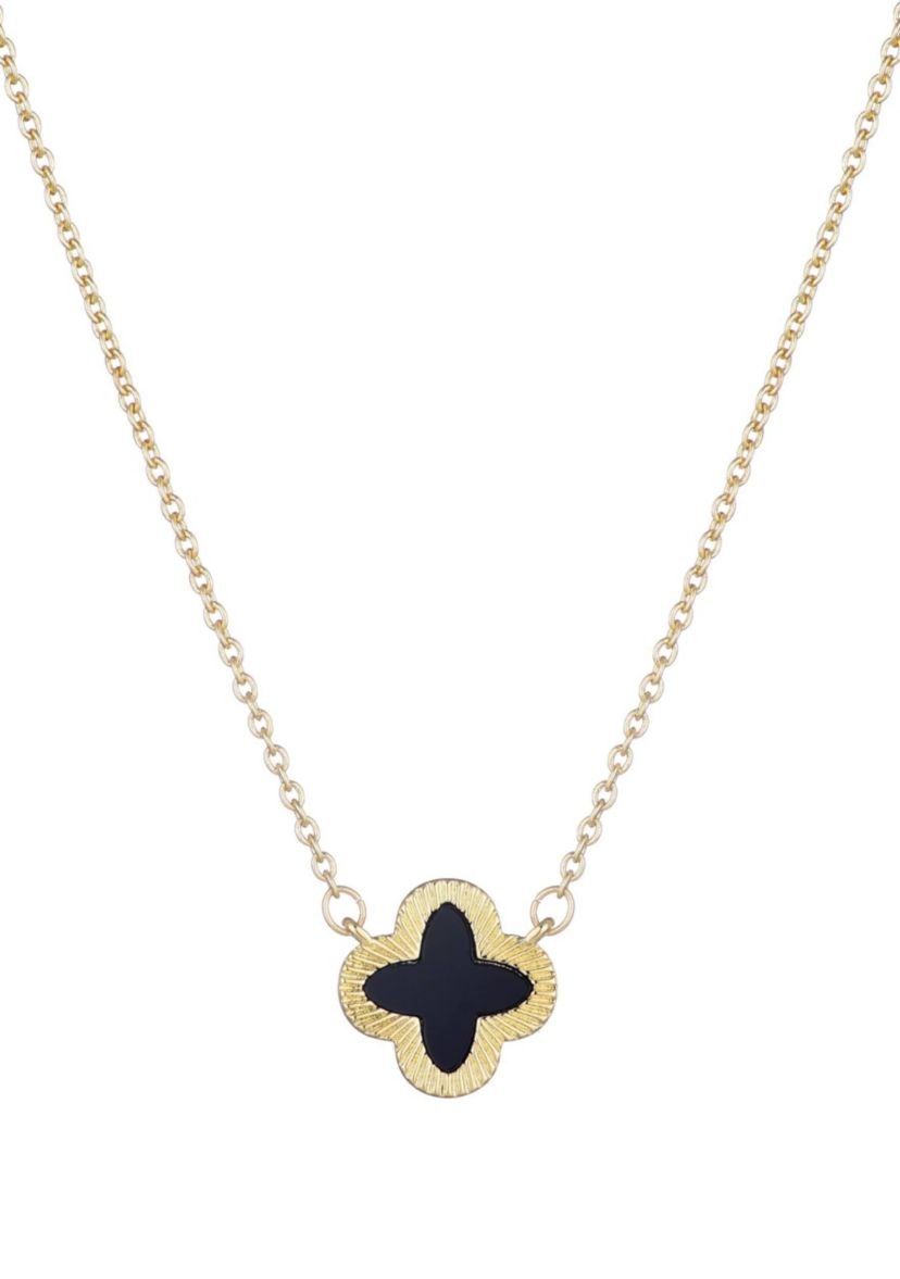 14k Gold Plated Fluted Edge Black Clover Necklace