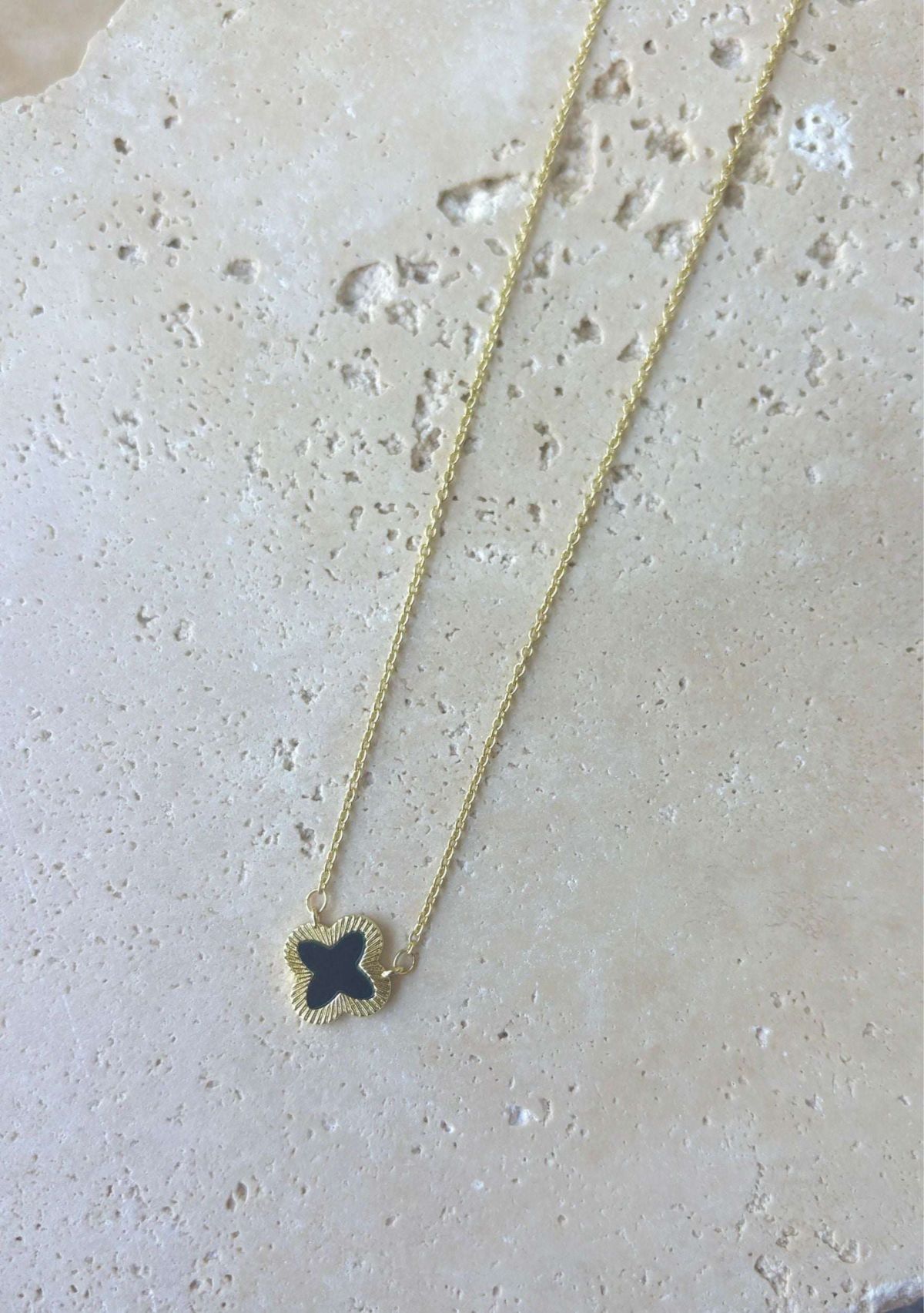 14k Gold Plated Fluted Edge Black Clover Necklace