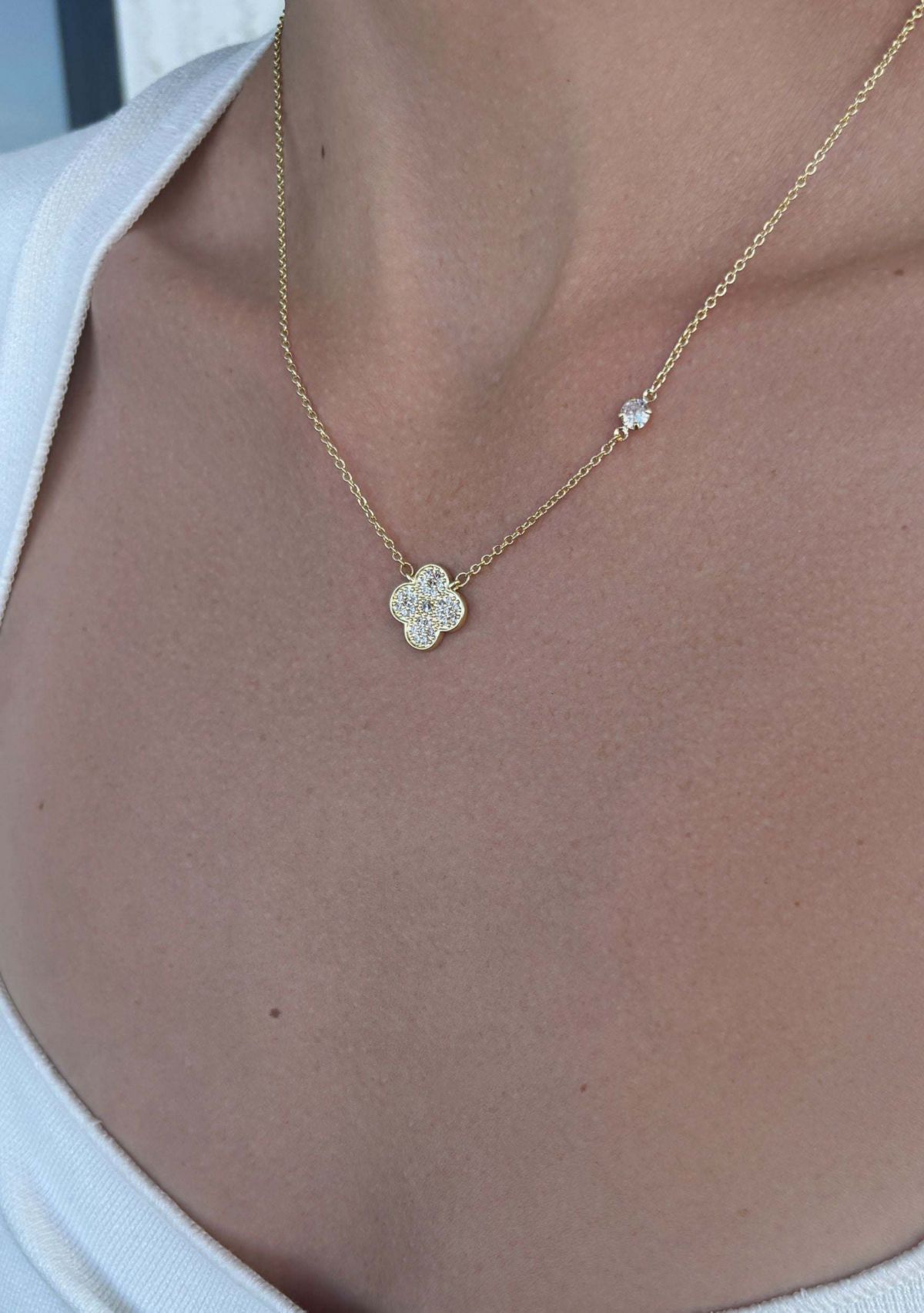 14k Gold Plated CZ Clover Necklace