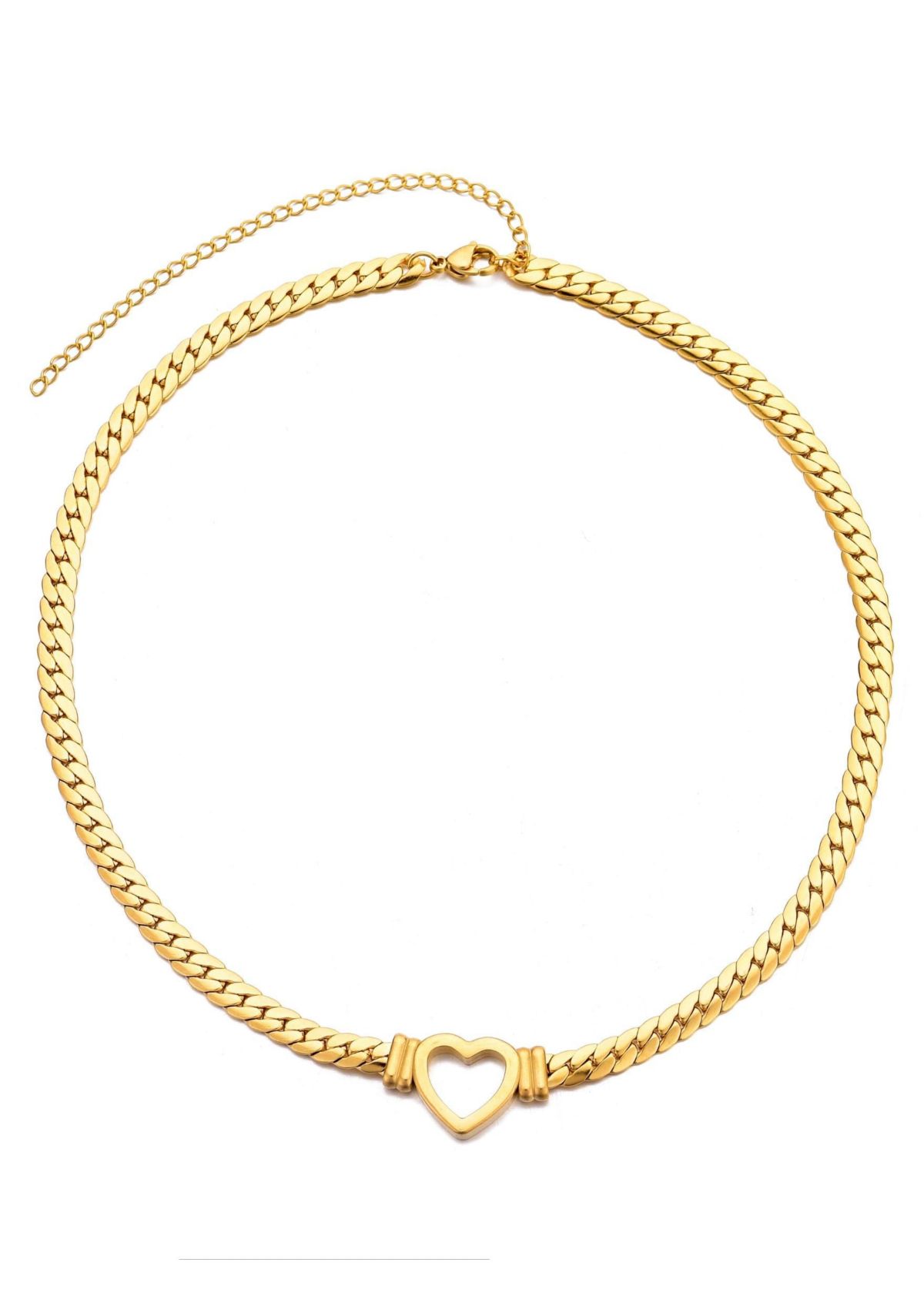 Tarnish Resistant 18k Gold Plated Flat Curb Chain Heart Necklace