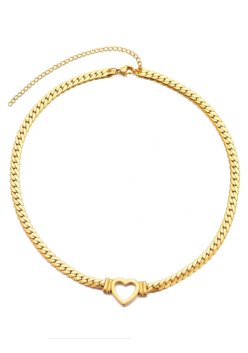 Tarnish Resistant 18k Gold Plated Flat Curb Chain Heart Necklace