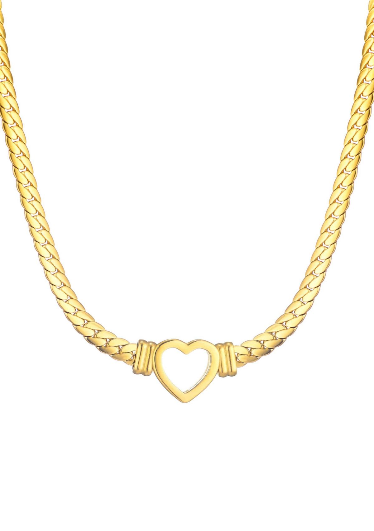 Tarnish Resistant 18k Gold Plated Flat Curb Chain Heart Necklace
