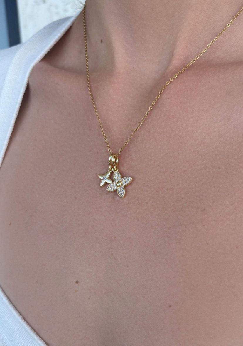 Tarnish Resistant 18k Gold Plated Double Pointed Clover CZ Necklace