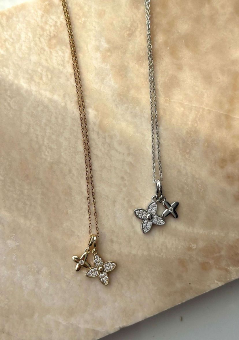 Tarnish Resistant Silver Plated Double Pointed Clover CZ Necklace