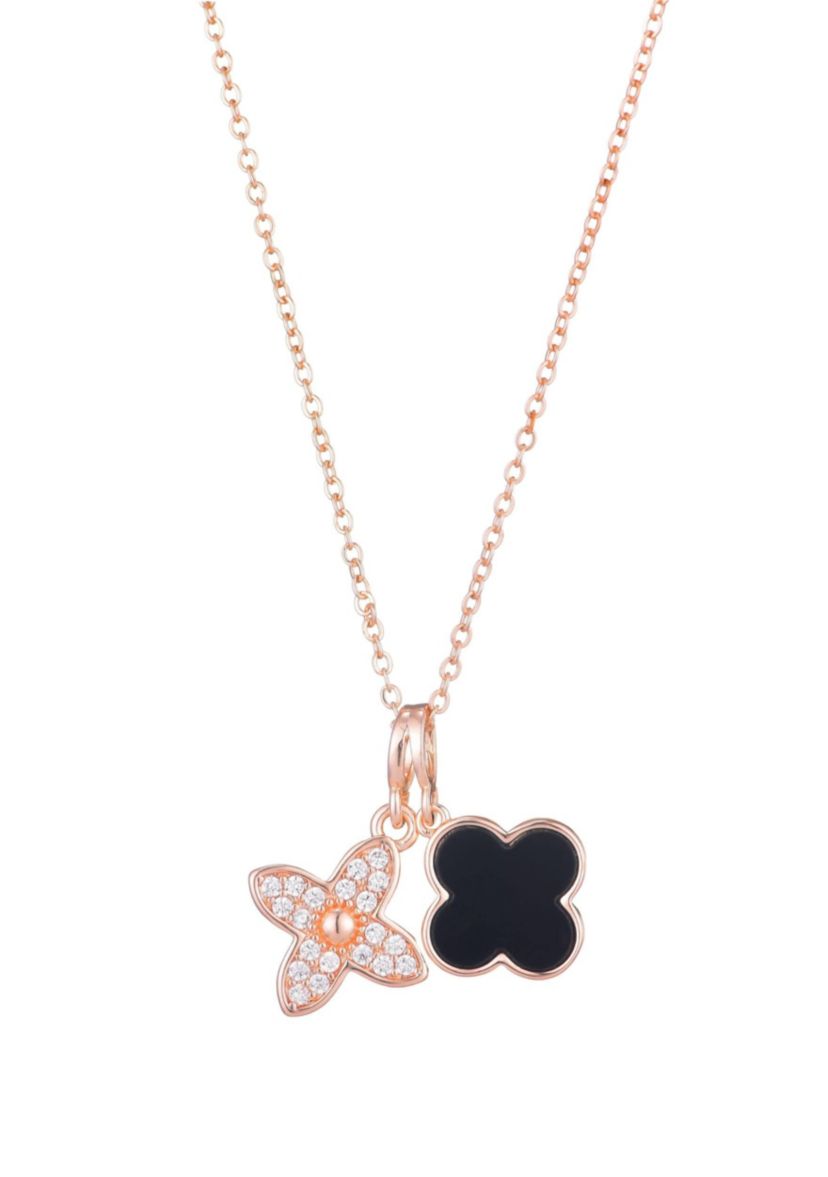 Tarnish Resistant 18k Rose Gold Plated Black Double Clover Necklace