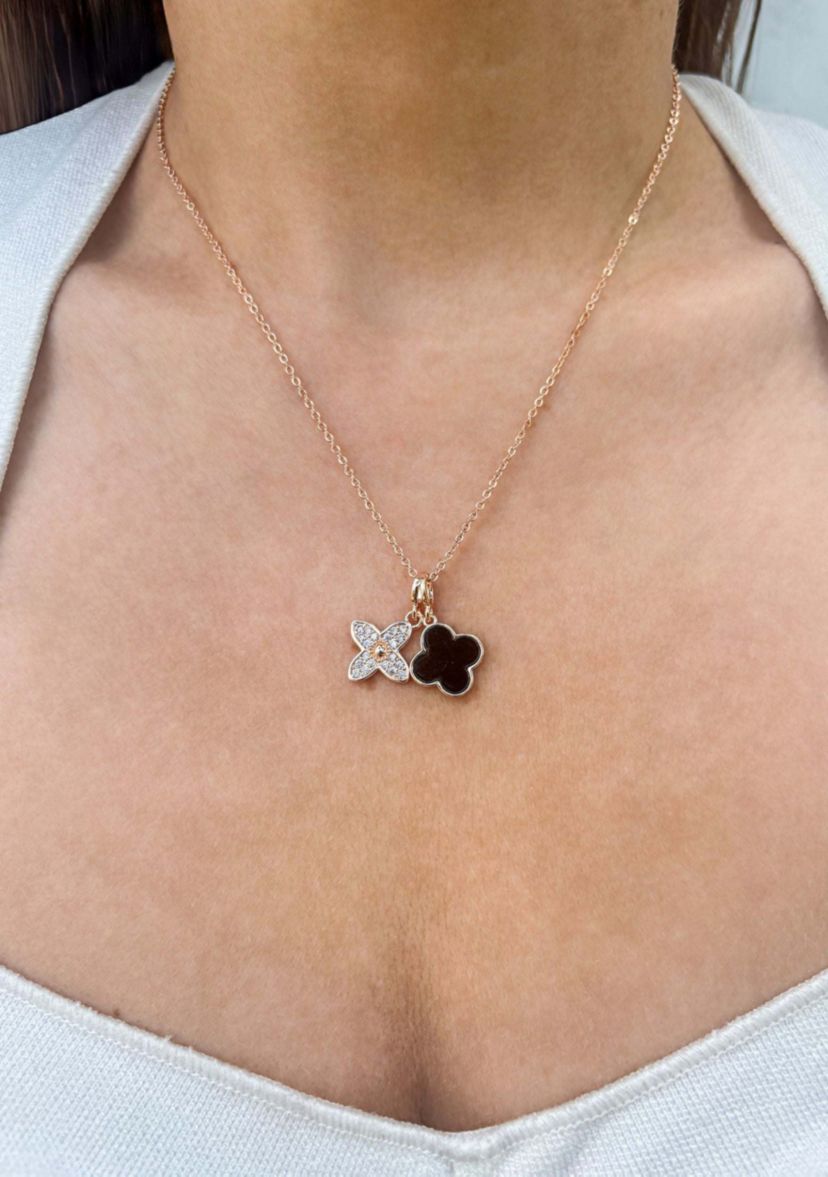 Tarnish Resistant 18k Rose Gold Plated Black Double Clover Necklace