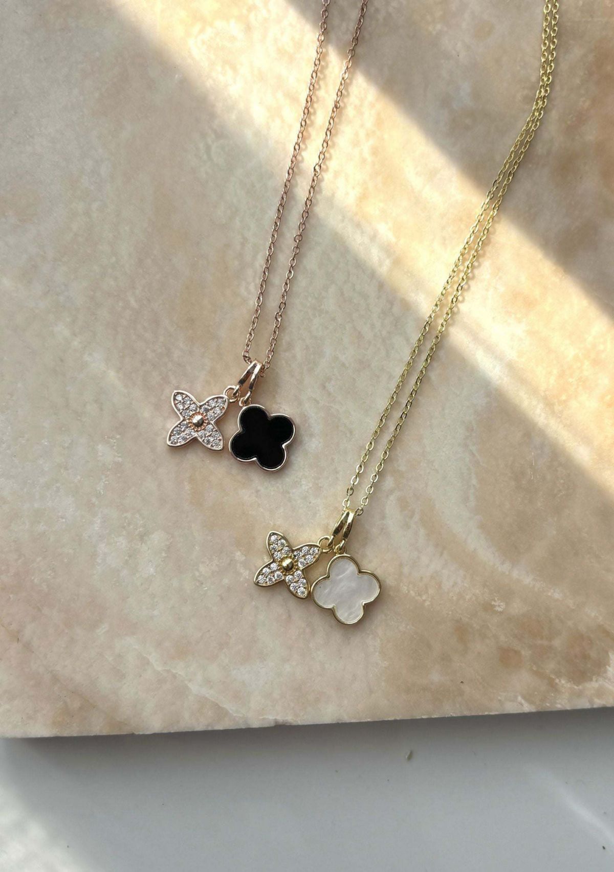 Tarnish Resistant 18k Rose Gold Plated Black Double Clover Necklace