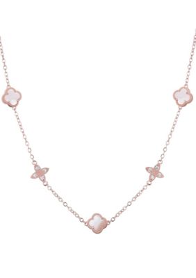 Adornia 14k Rose Gold Plated Mother of Pearl CZ Clover Station Necklace
