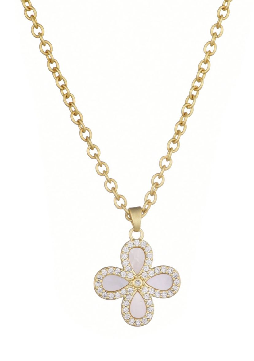 14k Gold Plated Mother of Pearl Flower CZ Halo Necklace