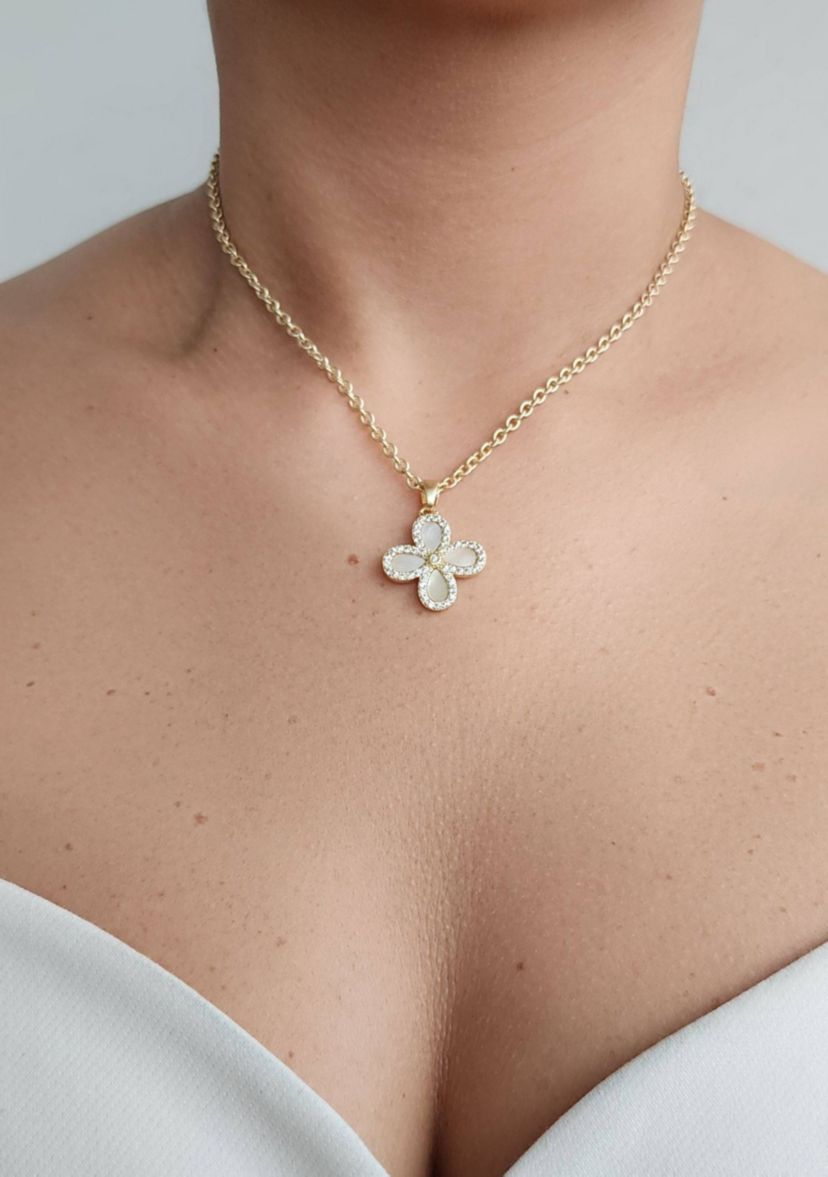 14k Gold Plated Mother of Pearl Flower CZ Halo Necklace