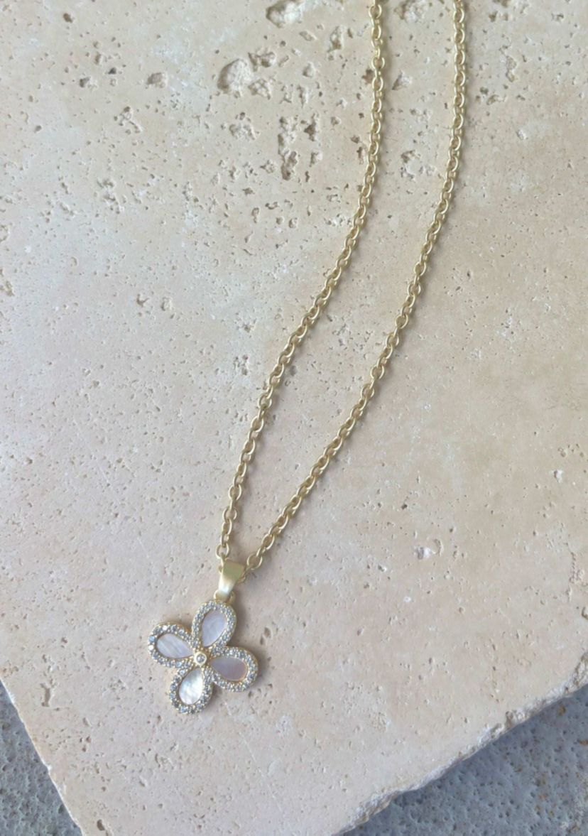 14k Gold Plated Mother of Pearl Flower CZ Halo Necklace