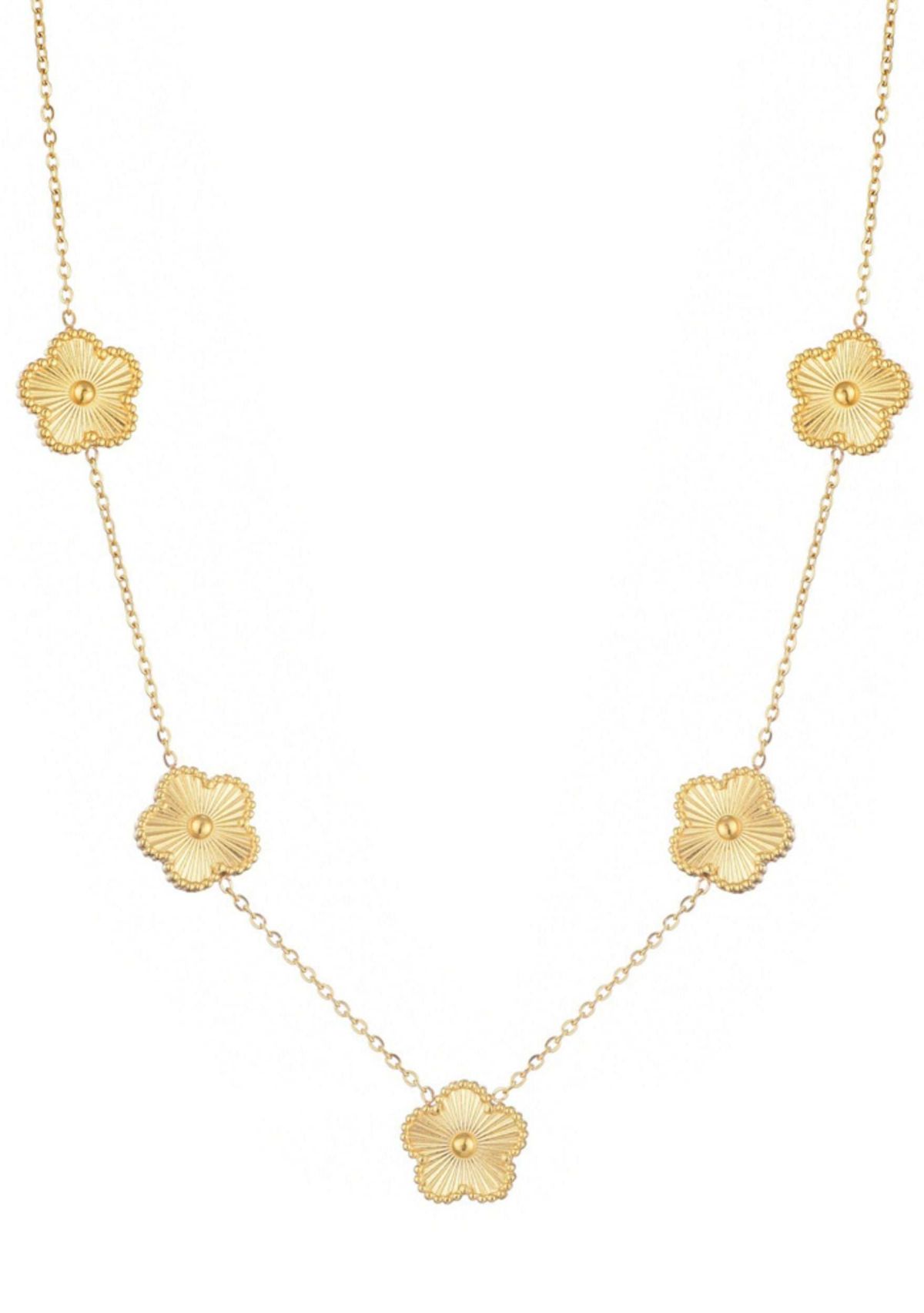 Tarnish Resistant 14k Yellow Gold Plated 5-Leaf Clover Station Necklace