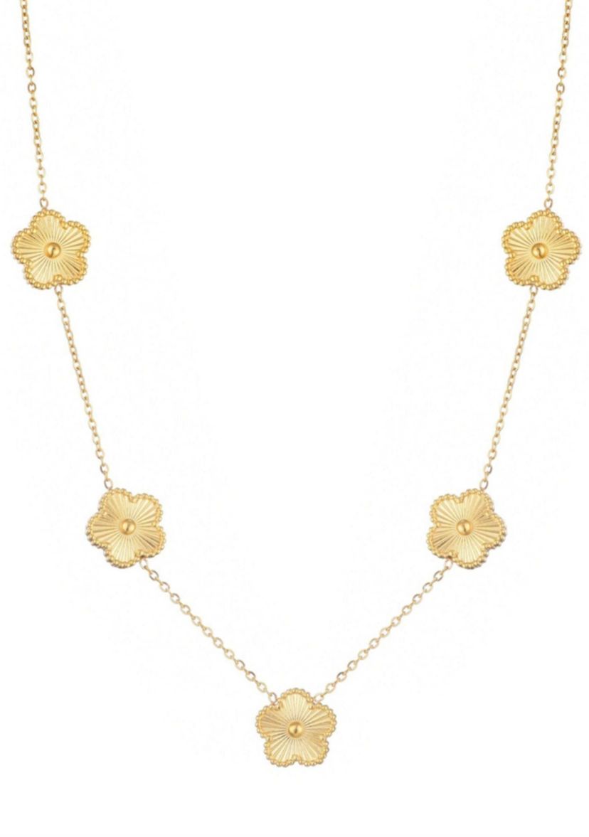 Tarnish Resistant 14k Yellow Gold Plated 5-Leaf Clover Station Necklace