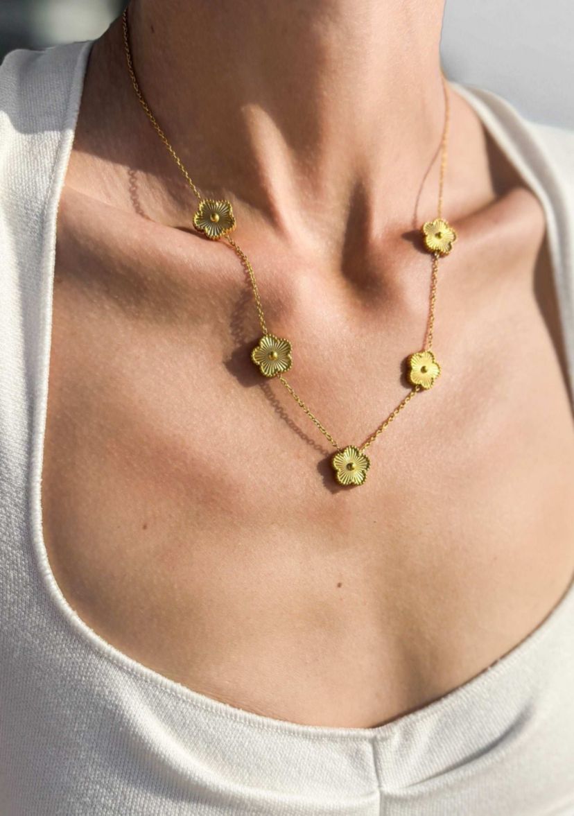 Tarnish Resistant 14k Yellow Gold Plated 5-Leaf Clover Station Necklace