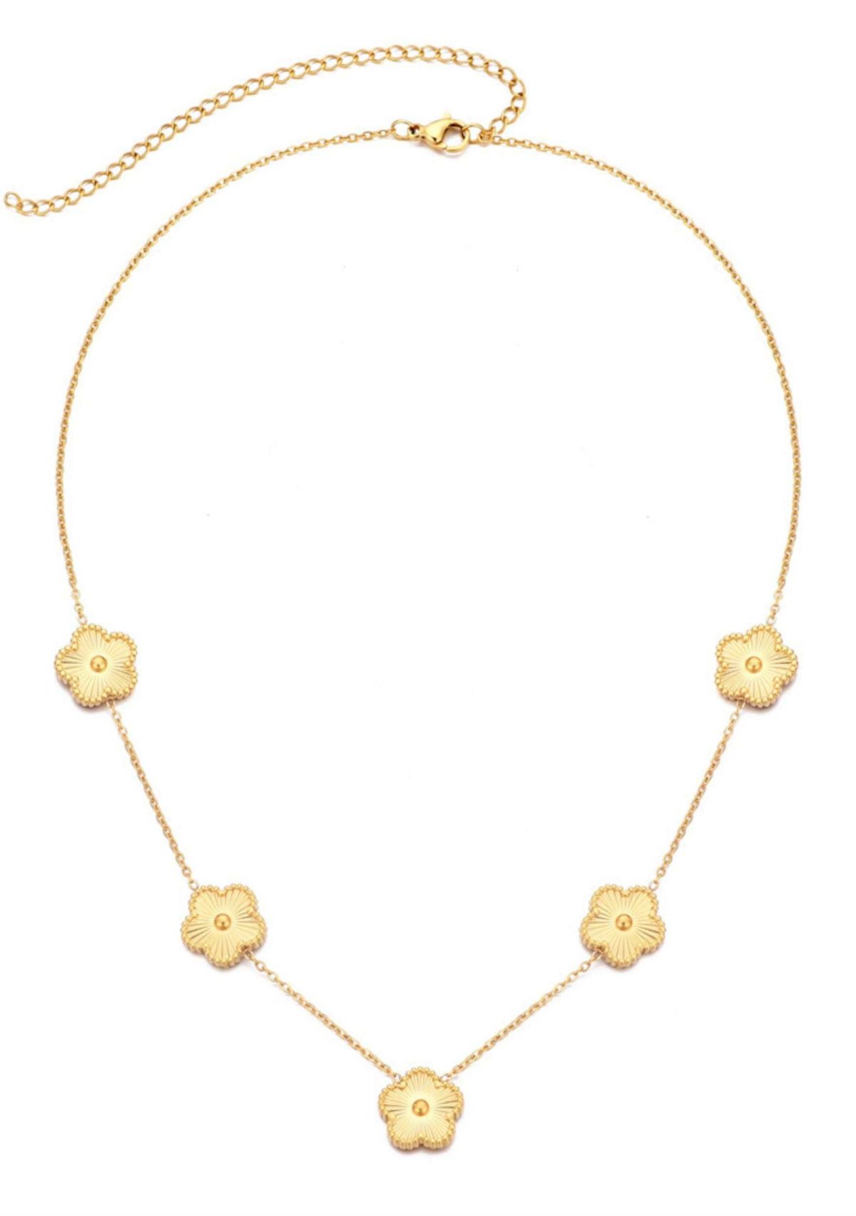 Tarnish Resistant 14k Yellow Gold Plated 5-Leaf Clover Station Necklace