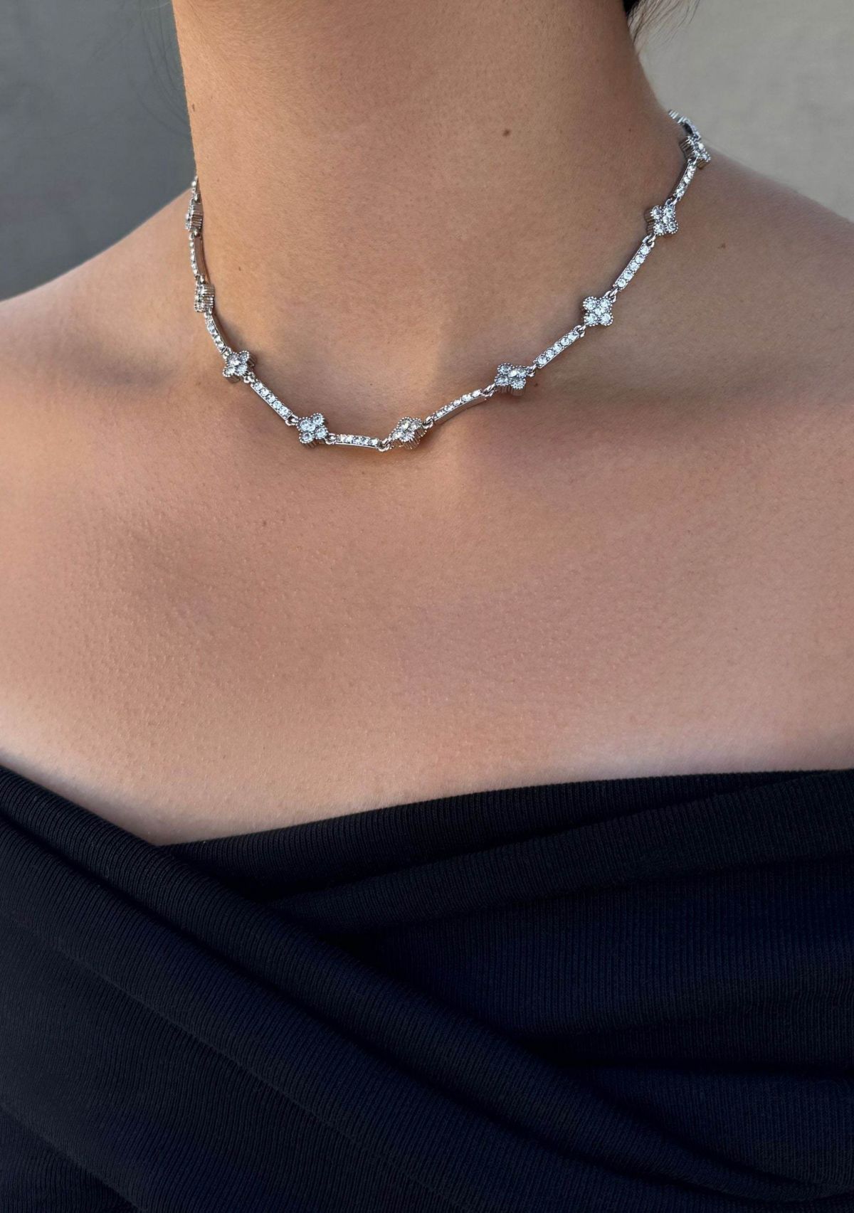 Silver Plated Crystal Clover Tennis Necklace