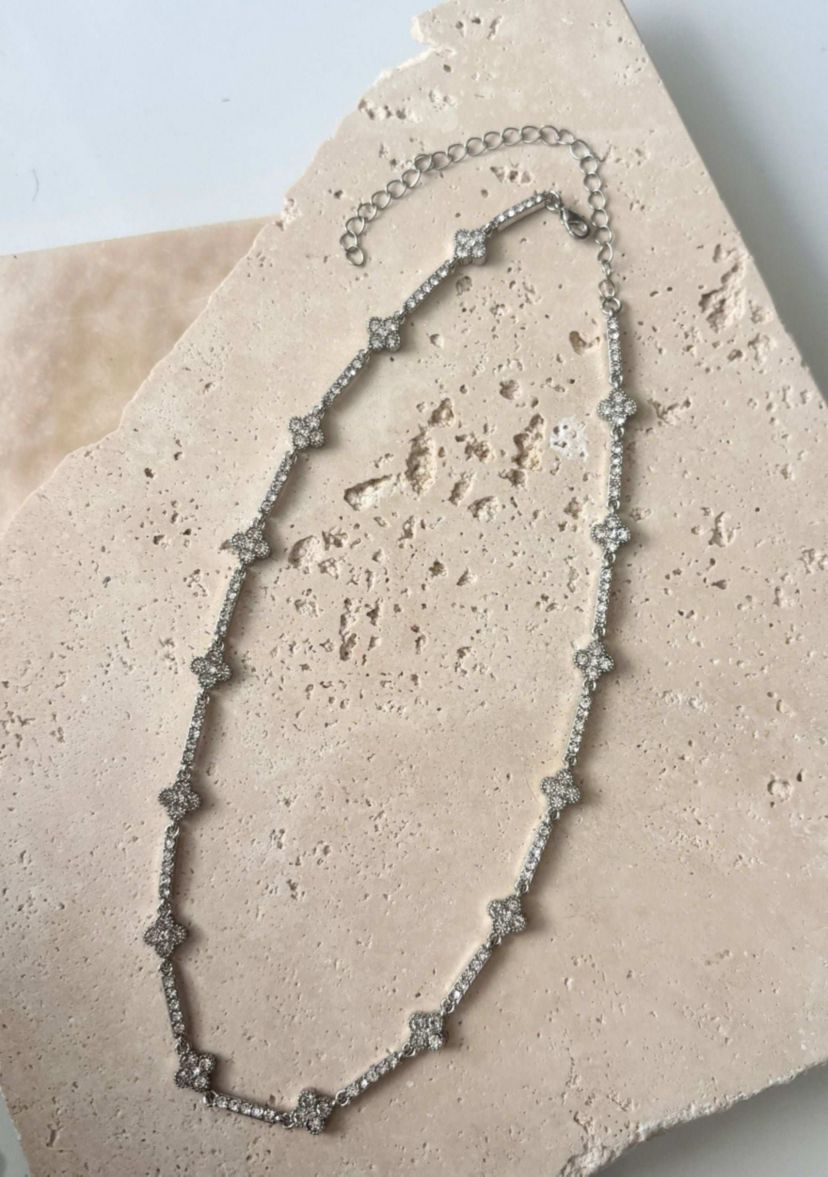 Silver Plated Crystal Clover Tennis Necklace