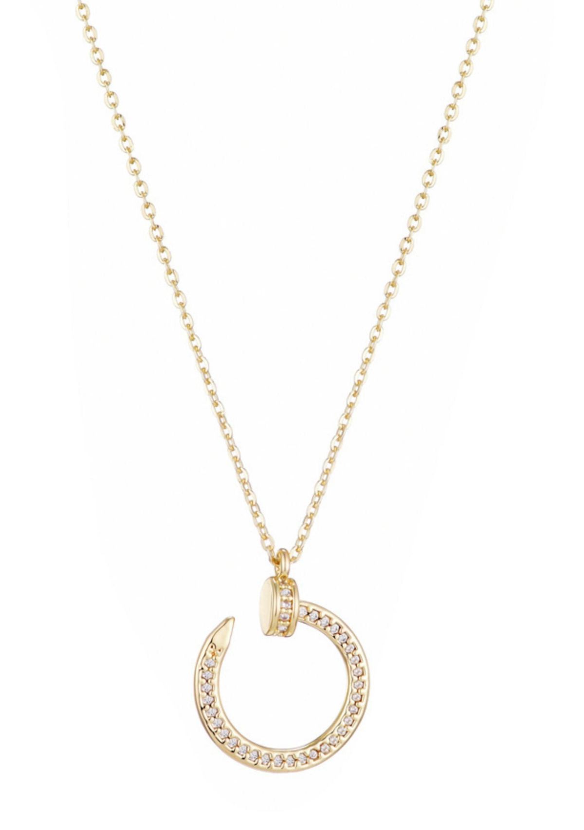 14k Yellow Gold Plated Curved CZ Nail Ring Necklace