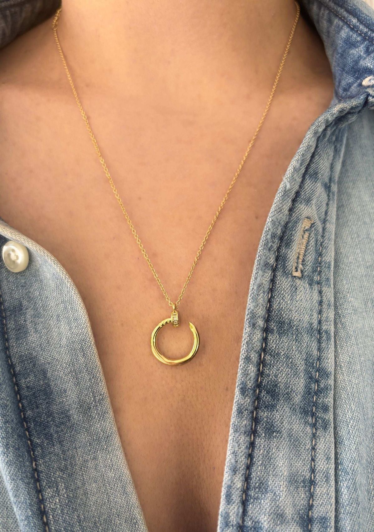 14k Yellow Gold Plated Curved CZ Nail Ring Necklace